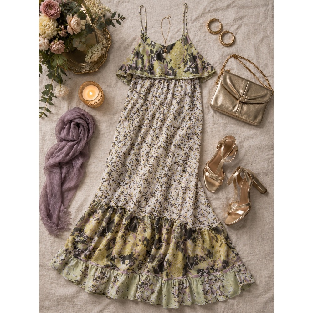 Joie Silk Mixed Floral Print Tiered Maxi Dress Yellow Green Brown Size Med - Picture 2 of 12